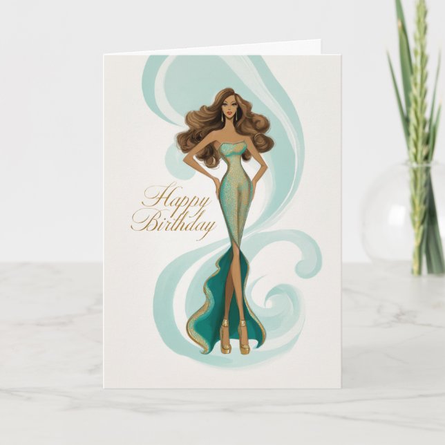 Cartão Brunette in Elegant Teal Gold Glam Fashion BDay (Frente)