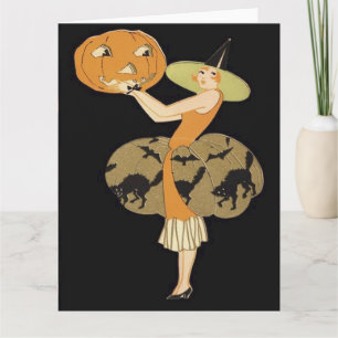 Cartão Bruxa Art Déco Jack O Lantern Abóbora Gato Preto