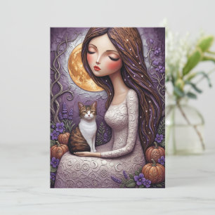 Cartão Bruxa Caprichosa Gato Halloween Carta Mística Lua