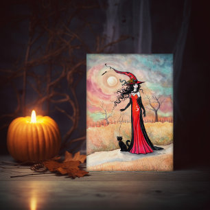 Cartão Bruxa de Gato no Passeio de Outono Arte de Hallowe