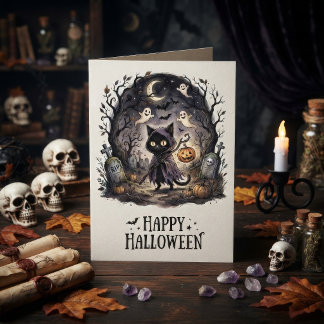 Cartão Bruxa de Gato Preto Fofo de Halloween