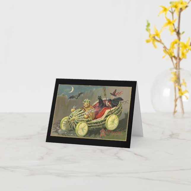 Cartão Bruxa de Halloween Carro de Corrida Melão Antigo (Flor Amarela)