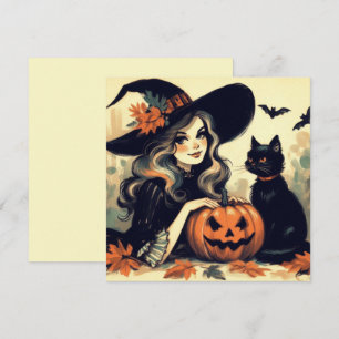 Cartão Bruxa de Halloween com Gato Negro e Abóbora