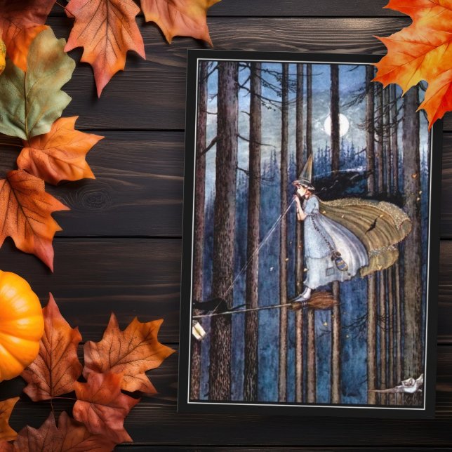 Cartão Bruxa de Halloween com Gato Negro na Broom (Criador carregado)