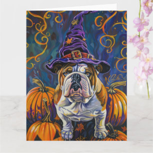 Cartão Bruxa de Halloween E Abóbora Spooky Bulldog