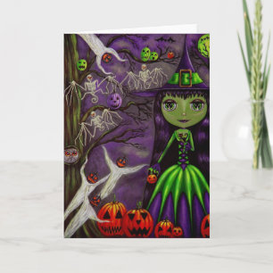 Cartão Bruxa de Halloween em Roxo e Verde