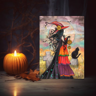 Cartão Bruxa de Halloween Gato Preto Cemitério Arte Fanta
