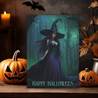 Cartão Bruxa de Halloween Má em Púrpura e Negra