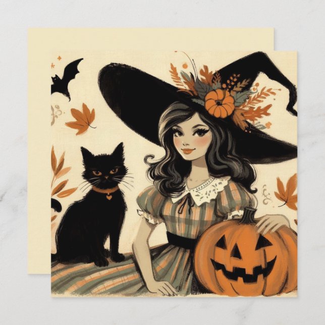 Cartão Bruxa de Halloween Retro e Gato Preto Fofo (Frente/Verso)