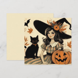 Cartão Bruxa de Halloween Retro e Gato Preto Fofo