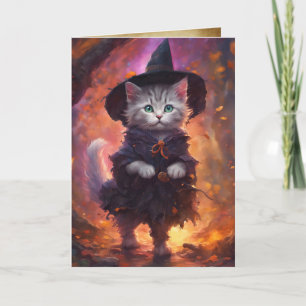 Cartão Bruxa de Kitten, Feliz Bruxa de Gato de Halloween