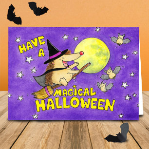 Cartão Bruxa de Ourico-Cacheiro Cute Halloween em Branco