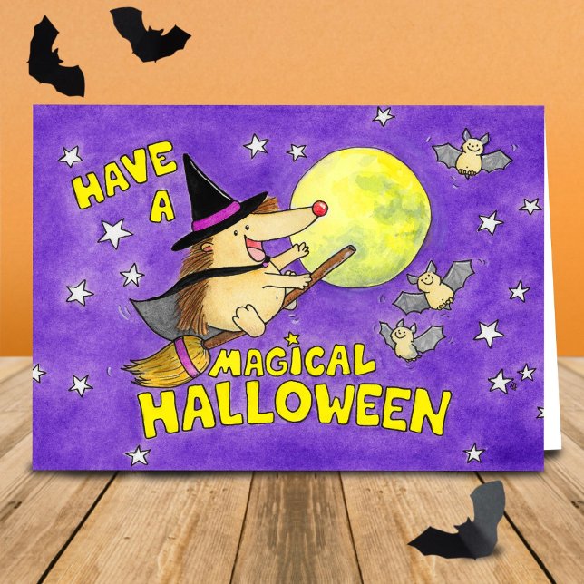 Cartão Bruxa de Ourico-Cacheiro Cute Halloween em Branco (Criador carregado)