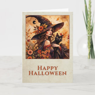 Cartão Bruxa de Outono Gato Preto Feliz Halloween Arte