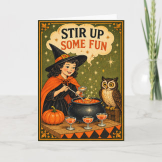 Cartão Bruxa Divertida & Coruja Halloween Vintage