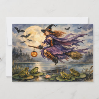 Cartão Bruxa do Halloween Voando Sobre a Lagoa com Rãs