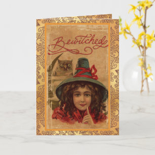 Cartão Bruxa e Coruja Encantados no Halloween Vintage