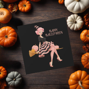 Cartão Bruxa Elegante Chic em Vassoura e Abóboras Hallowe