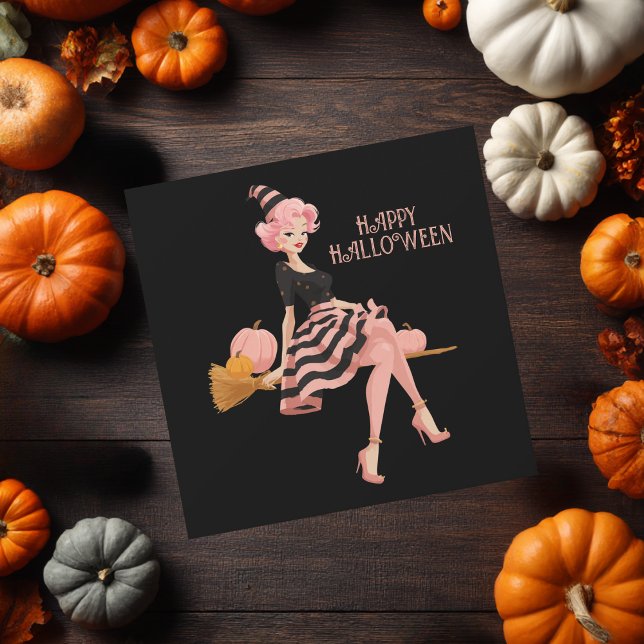 Cartão Bruxa Elegante Chic no Halloween de Broom & Pumpki (Criador carregado)