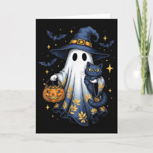 Cartão Bruxa Fantasma de Halloween Segurando Gato Preto D