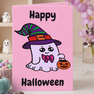 Cartão Bruxa Fantasma Fofa de Halloween Pastel