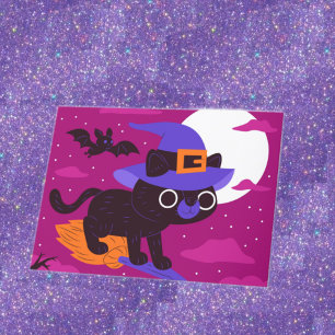 Cartão Bruxa Fofa Gato Voando em Vassoura Halloween Kawai
