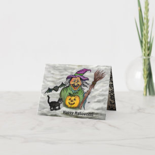 Cartão Bruxa, Gato, Bat e Pumpkin, Feliz Halloween!