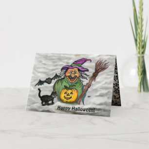 Cartão Bruxa, Gato, Morcego e Abóbora, Feliz Halloween !
