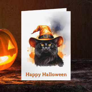 Cartão Bruxa Gato Preto Capuz Laranja Halloween Fantasios