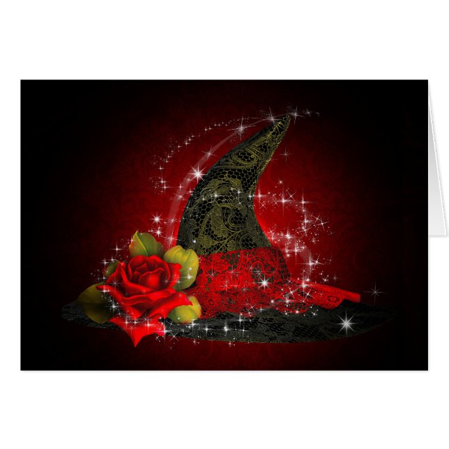 Cartão Bruxa Glamourosa Chapéu de Renda Preto e Vermelho  (Frente horizontal)