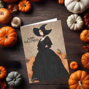 Cartão Bruxa Gótica Abóbora Halloween Art Nouveau Elegant