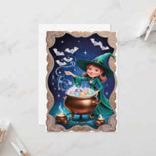 Cartão Bruxa Mágica de Halloween com Caldron