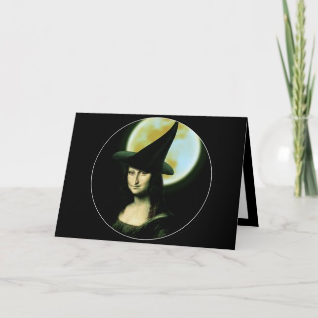 Cartão Bruxa Mona Lisa Halloween Lua Cheia (Frente)