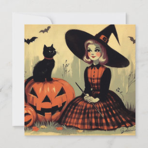 Cartão Bruxa Retro de Halloween e Gato Preto Fofo