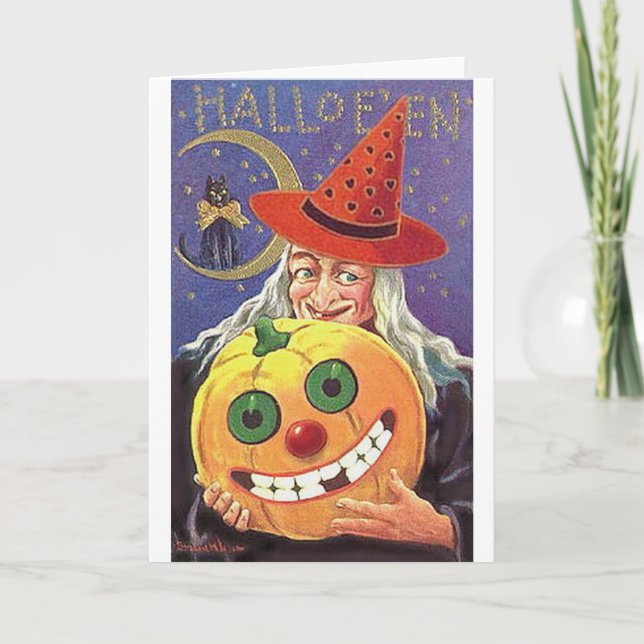 Cartão Bruxa Sorrindo de Halloween e Abóbora (Frente)