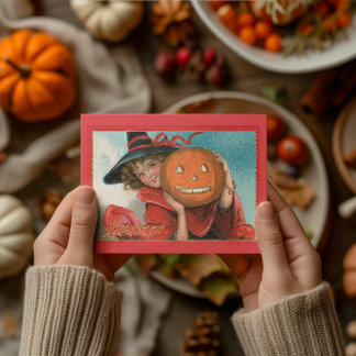 Cartão Bruxa Vintage de Halloween e Abóbora