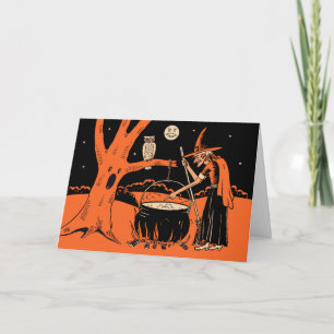 Cartão Bruxa Vintage Halloween de 1940 com Caldron