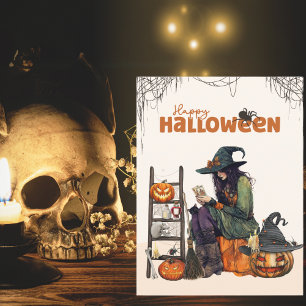 Cartão Bruxa Vintage Tarot Abóbora Assustadora Halloween