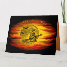 Cartão bruxa voadora com gato preto, noite de halloween