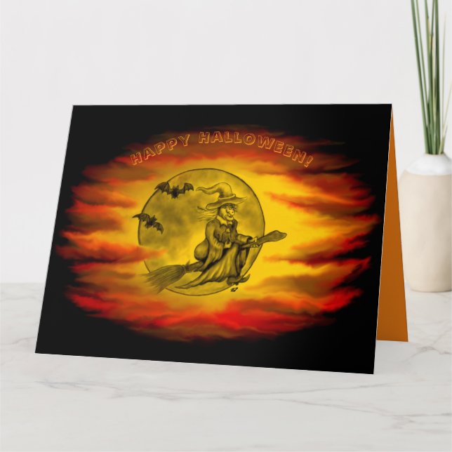 Cartão bruxa voadora com gato preto, noite de halloween (Frente)