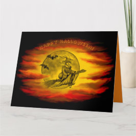 Cartão bruxa voadora com gato preto, noite de halloween