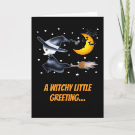 Cartão Bruxa Voadora e Lua Crescente Noite de Halloween