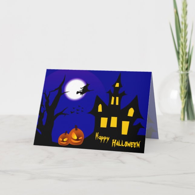 Cartão Bruxa Voadora na Noite de Halloween (Frente)