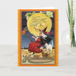 Cartão Bruxa Voadora Vintage com Placa de Halloween da Lu