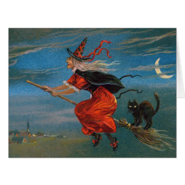 Cartão Bruxa voando com gato preto na noite de Halloween