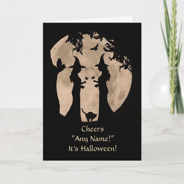 Cartão Bruxas de Halloween Nome Personalizado de Vinho Be (Frente)