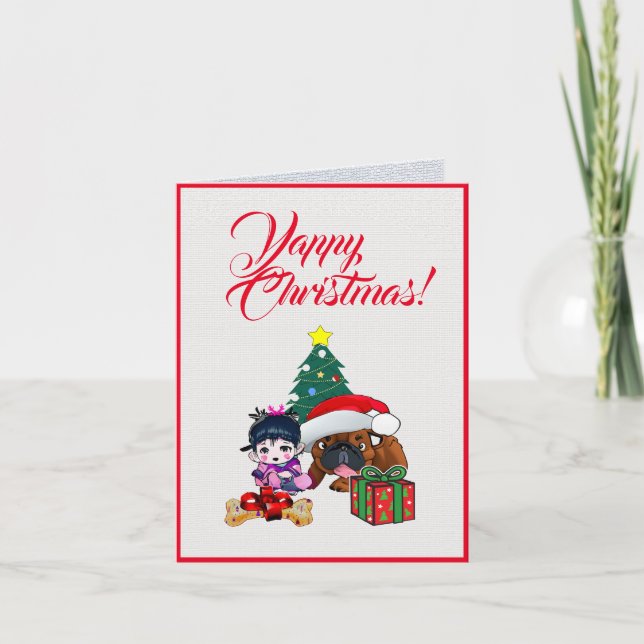 Cartão Buldogue Britânico Personalizado Com Pequena Garot (Frente)