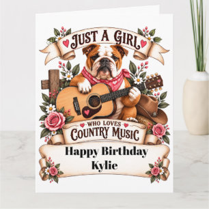 Cartão Buldogue Fofo & Guitar música country de aniversár