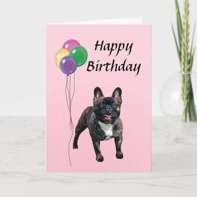 Cartão Buldogue francês com balões Feliz aniversário (Frente)