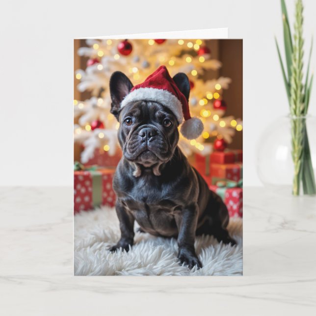 Cartão Buldogue Francês de Natal Com Papai Noel (Frente)